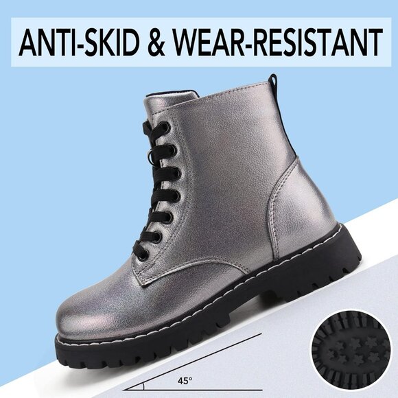 Kids Grey Ankle Boots Boys Girls Side Zipper Lace Up Work Boots Combat Boots - Picture 3 of 7